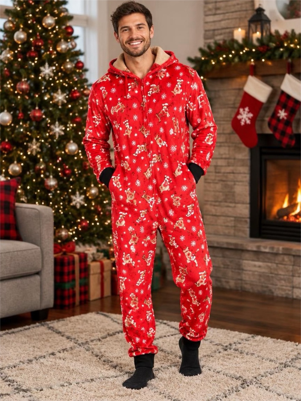Source Unknown Red Holiday Reindeer Men's Fleece Pajama Onesie